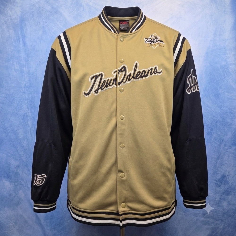 Vintage FUBU City Series New Orleans Varsity Jacket Men XXL Tan Black Snap Front